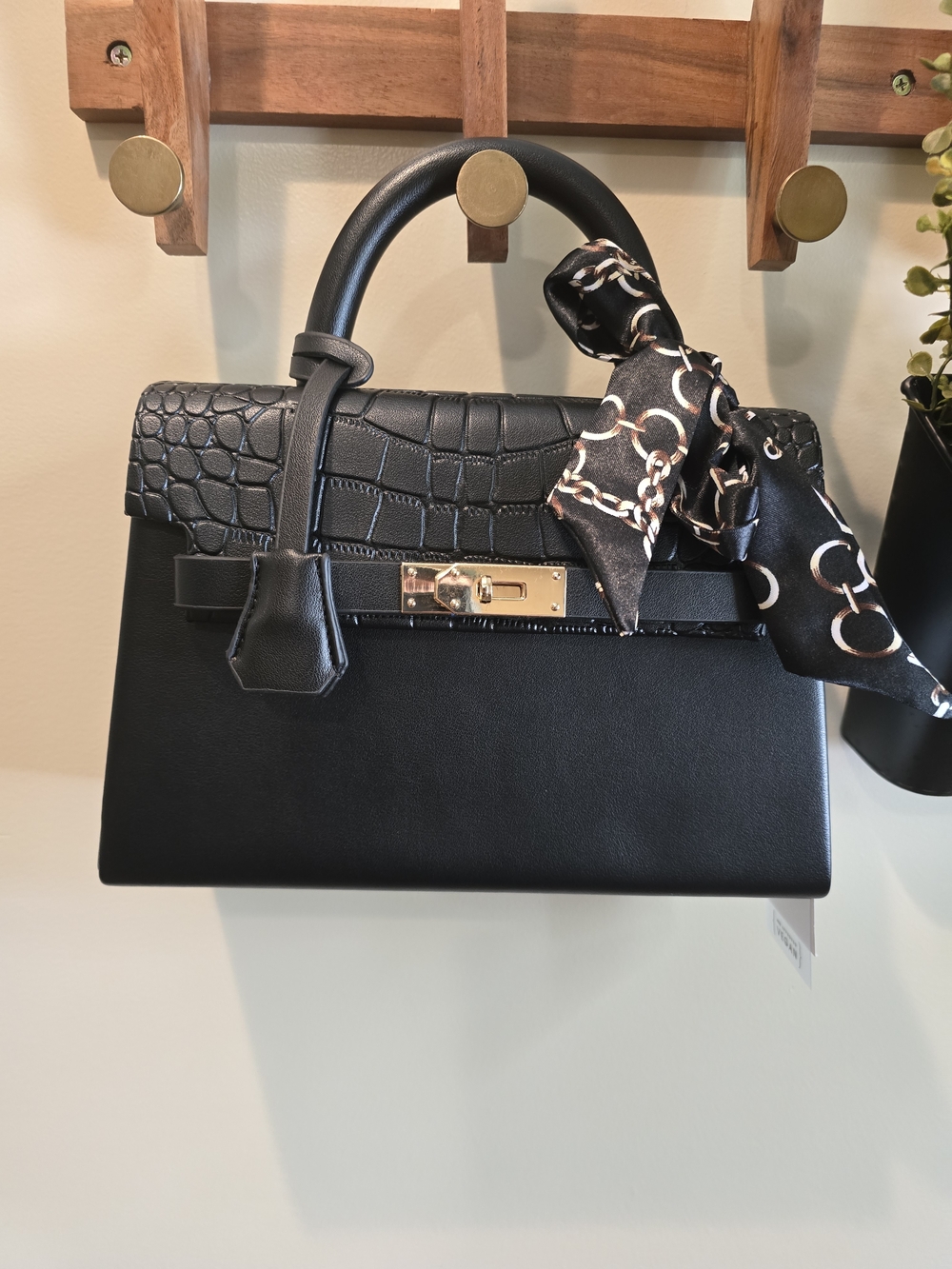 Classic Black Structured Satchel with Scarf Accent